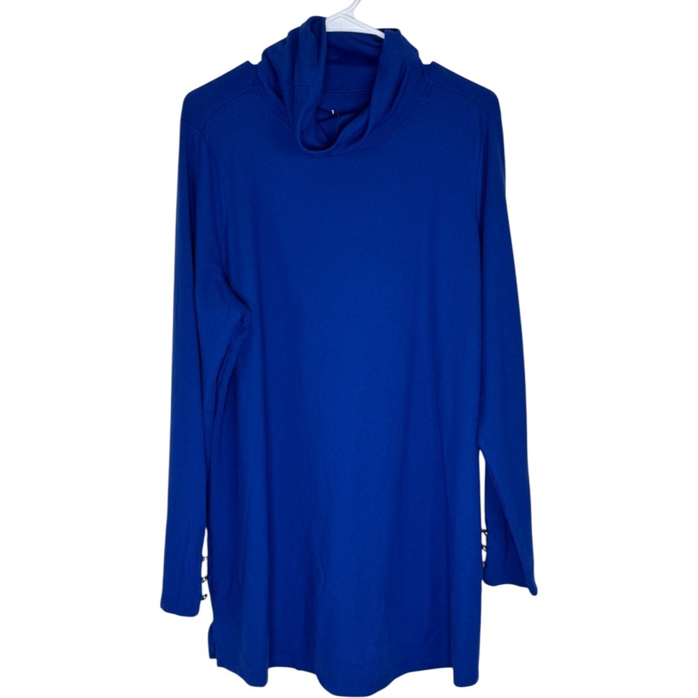 Denim & Co Heavenly Jersey Tunic Women 1X Blue Cowl Neck Button Cuff Long Sleeve